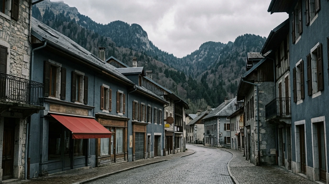 Rue commerçante d&rsquo;un bourg de vallée, devantures d&rsquo;artisans