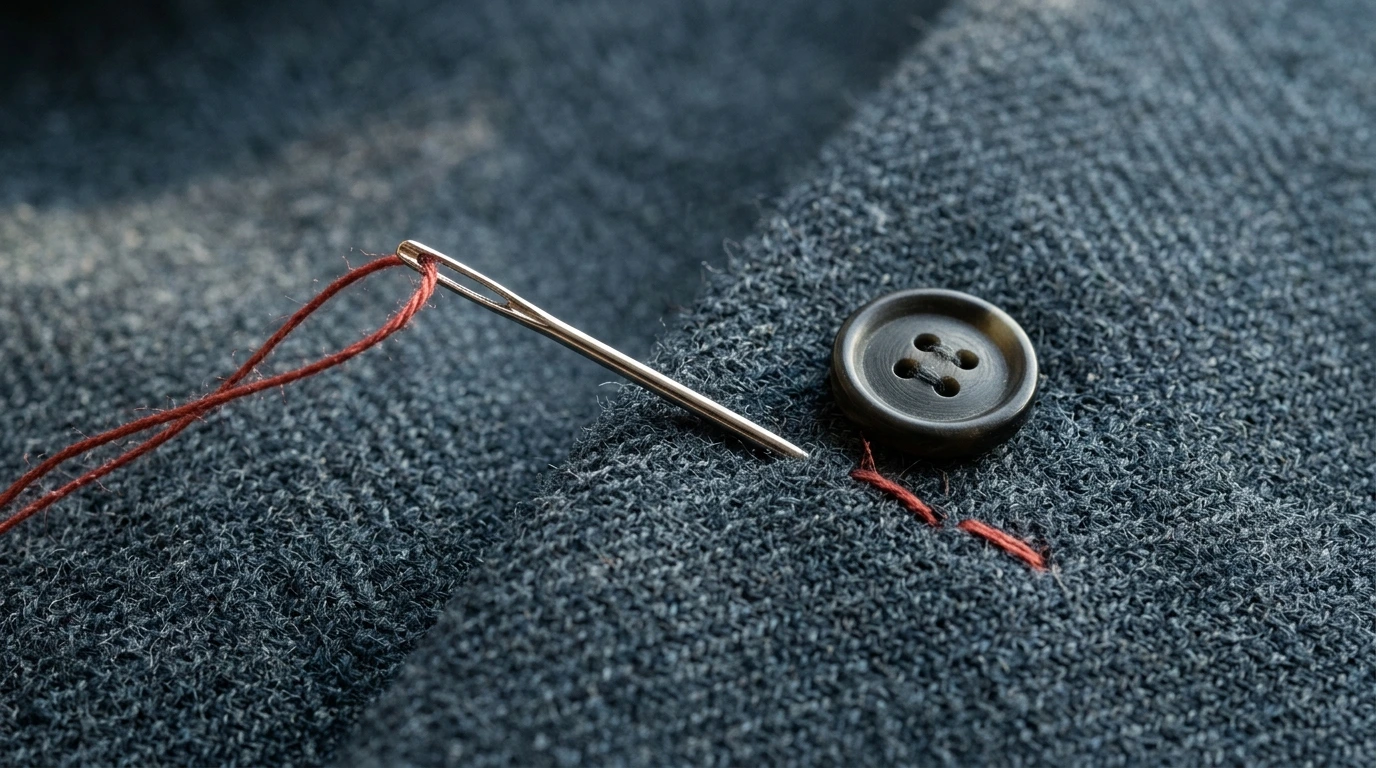 Aiguille enfilée et bouton prêts pour une réparation