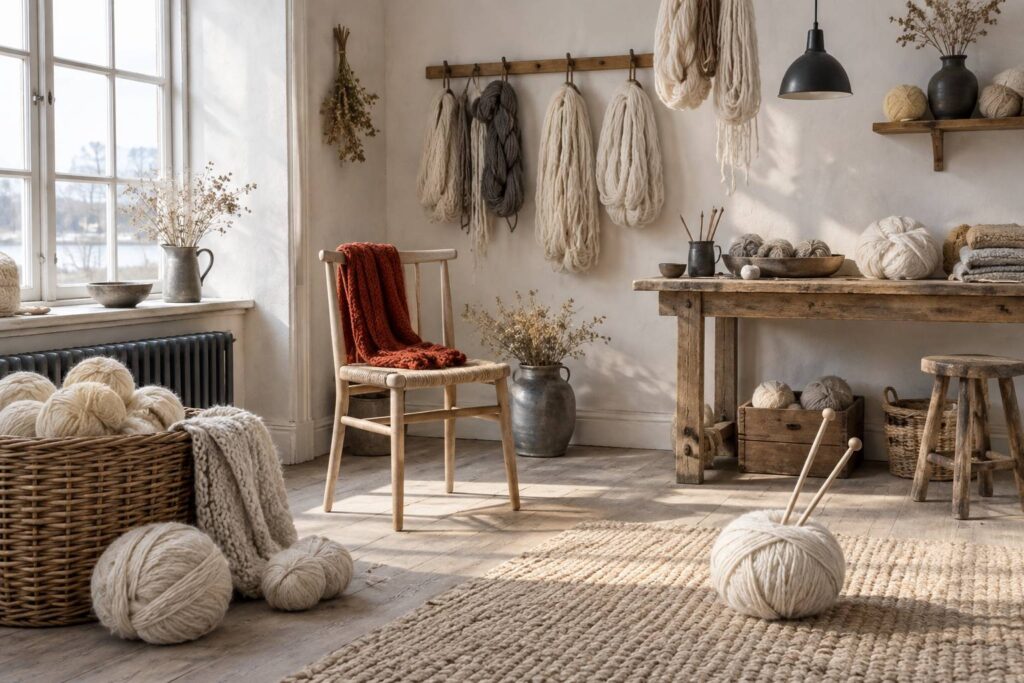 Pelotes de laine ecru et aiguilles dans un atelier de tricot lumineux