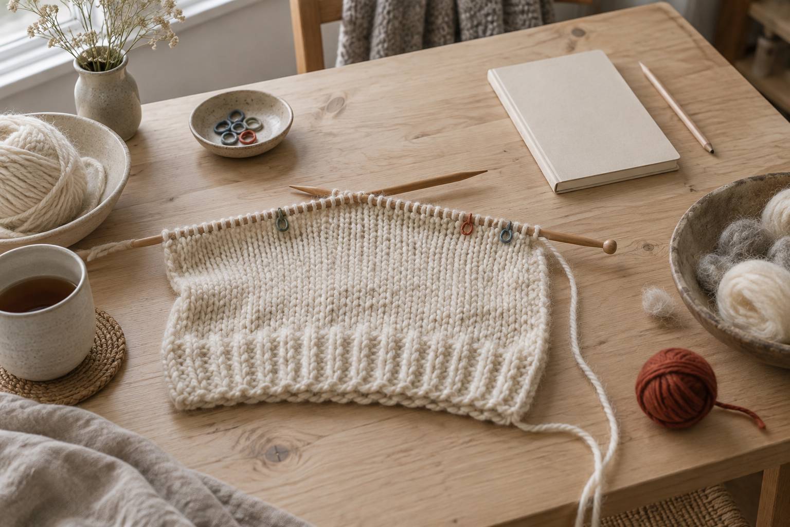 Tricot en cours pose a plat avec anneaux marqueurs et aiguilles