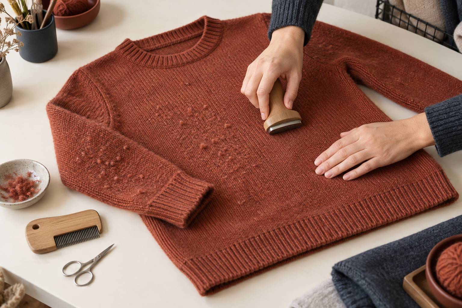 Illustration éditoriale du sujet : Bouloches sur un pull : les retirer sans abîmer la maille