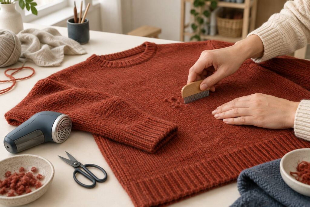 Illustration éditoriale du sujet : Bouloches sur un pull : les retirer sans abîmer la maille