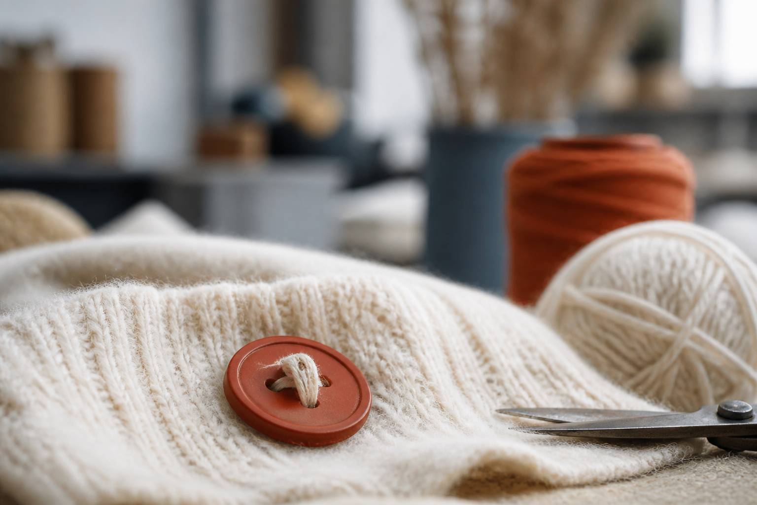 Bouton recousu avec tige de fil visible et fil enroulé