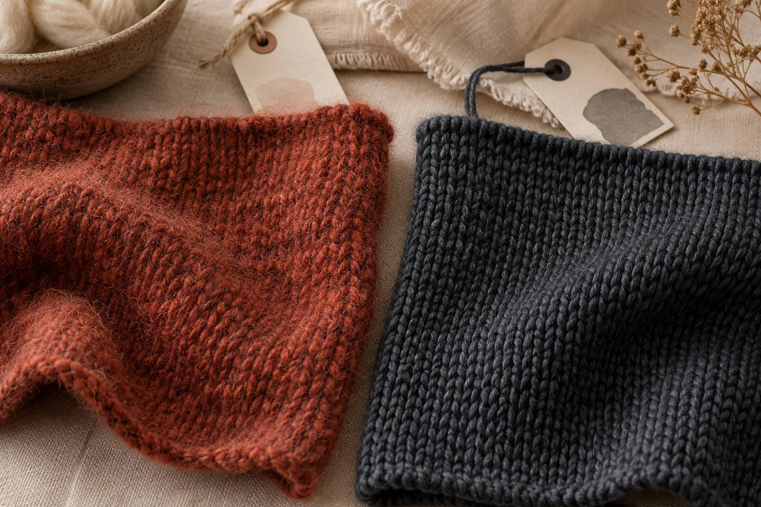 Échantillons tricotés de laine naturelle et acrylique en gros plan de matière