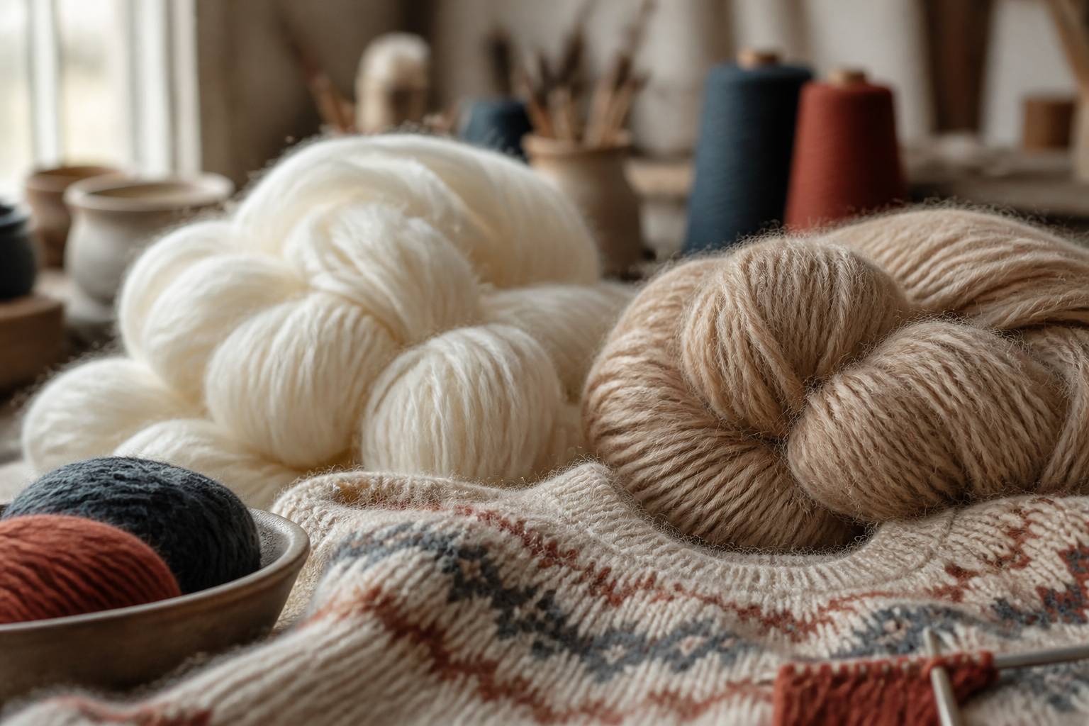 Fibres de laine mérinos et alpaga avec un pull tricoté