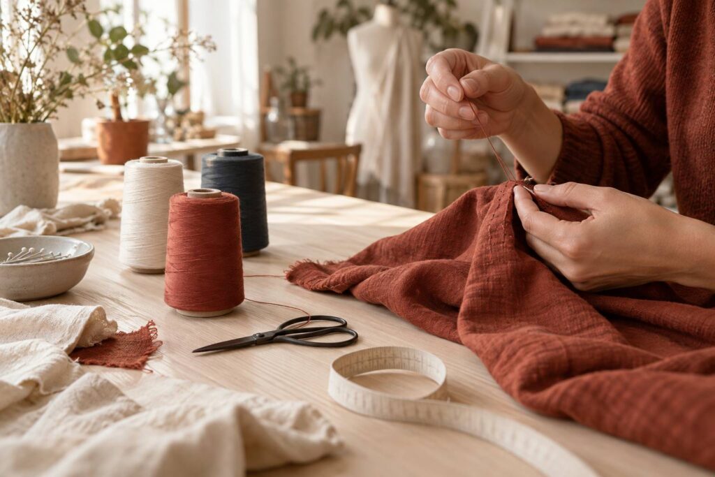 Illustration éditoriale du sujet : Fil à coudre : polyester, coton ou surfil, lequel prendre