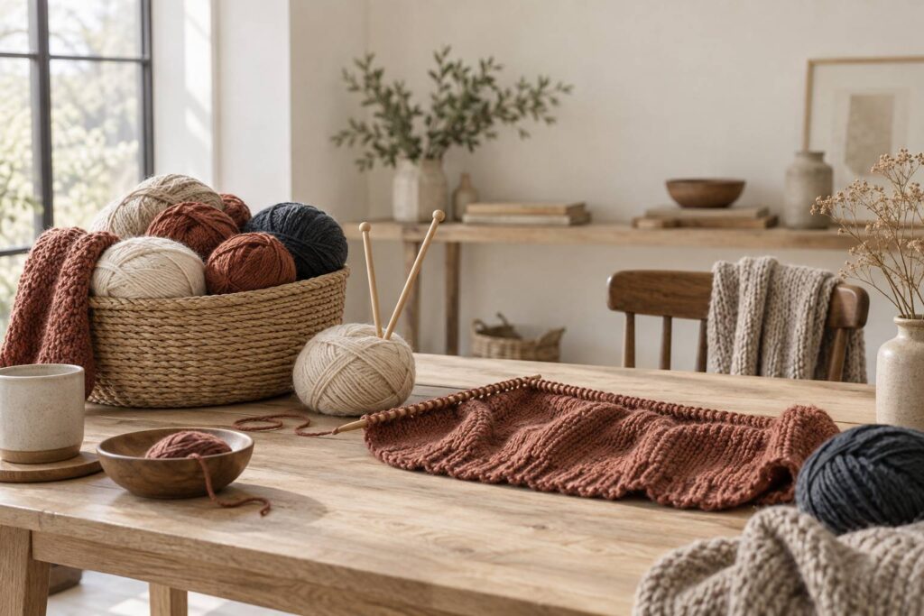 Atelier de tricot avec pelotes de laine et aiguilles