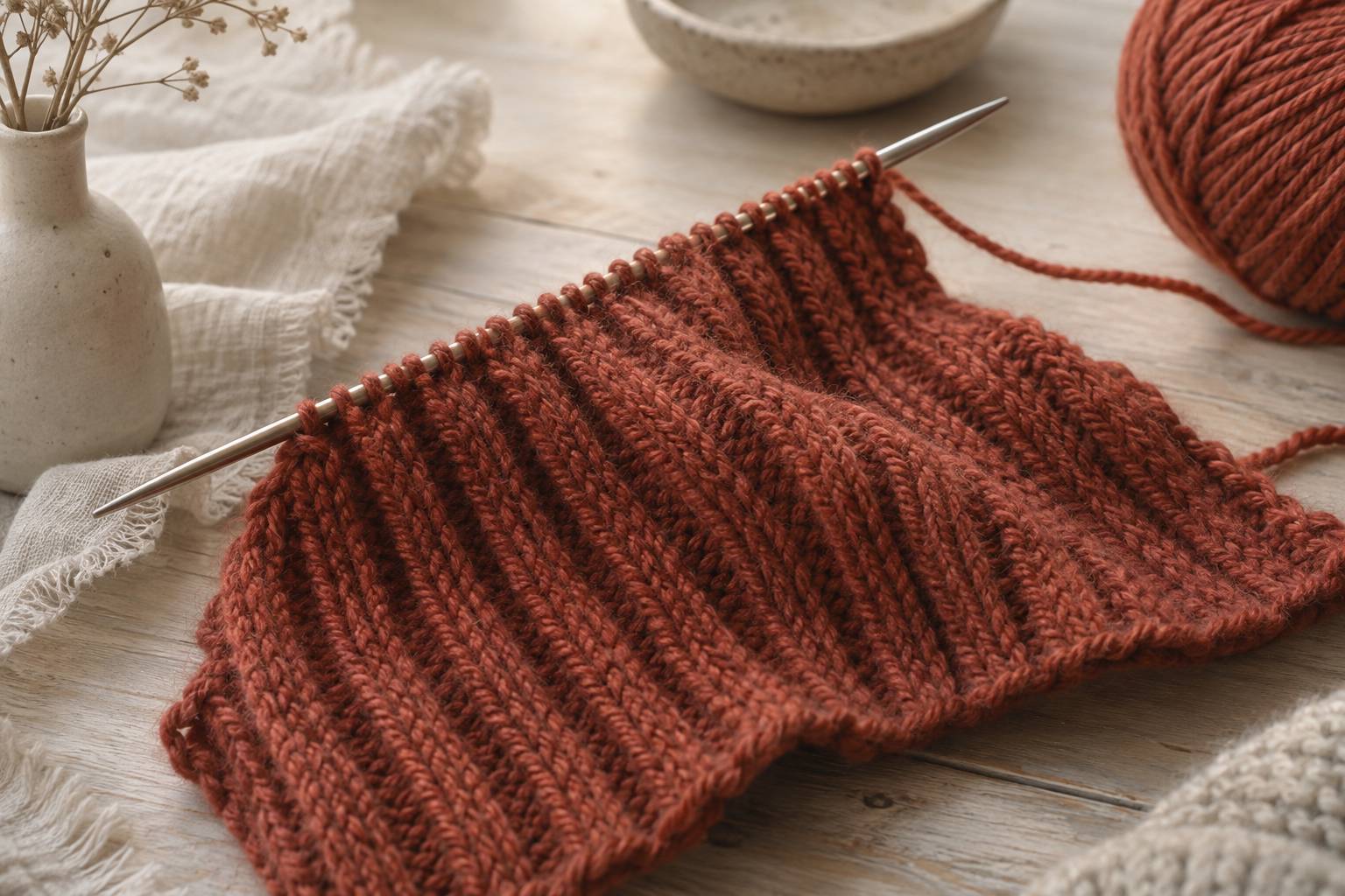 Ouvrage de tricot en cours avec mailles et aiguilles