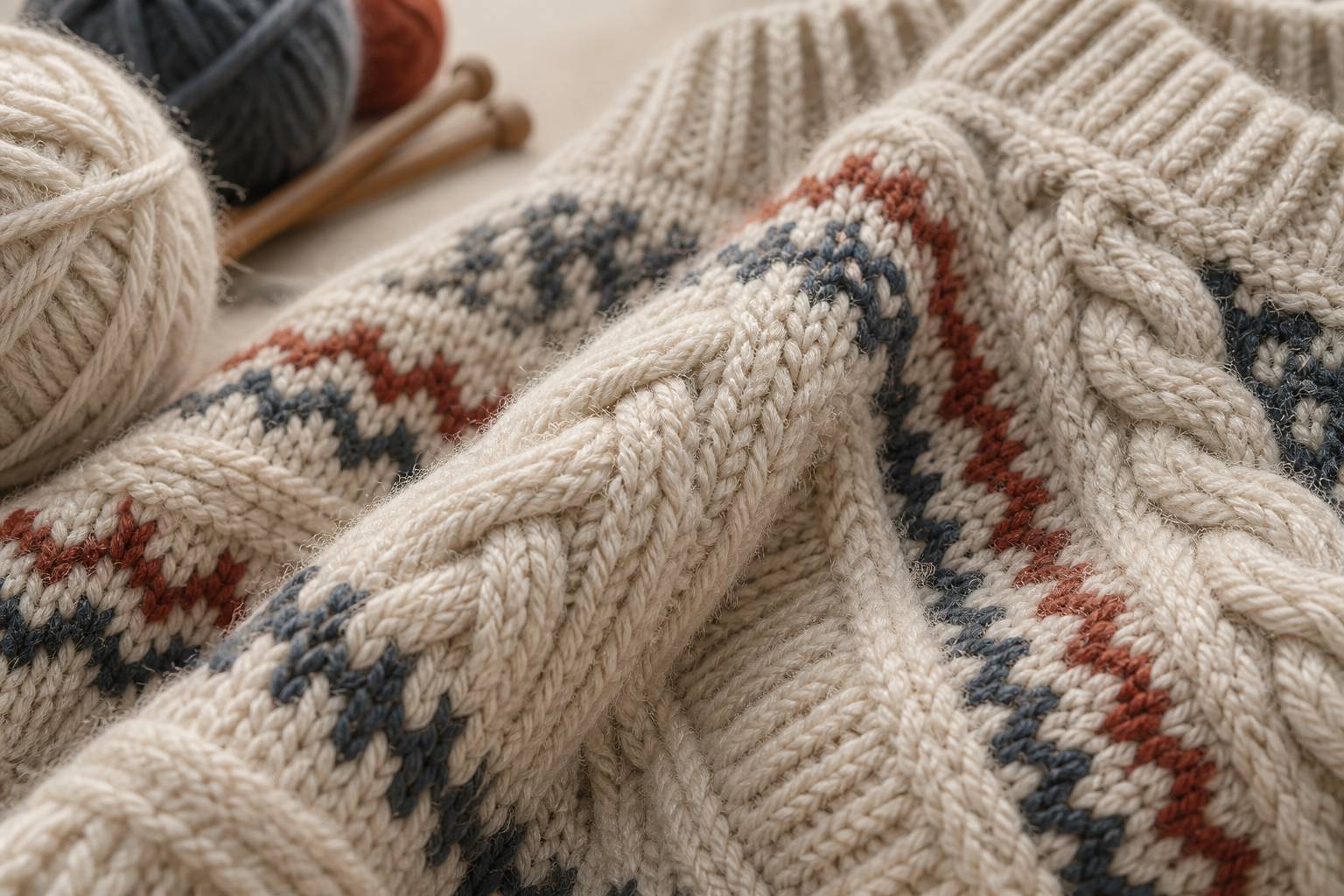 Gros plan sur la maille d'un pull en laine avec une pelote et des aiguilles