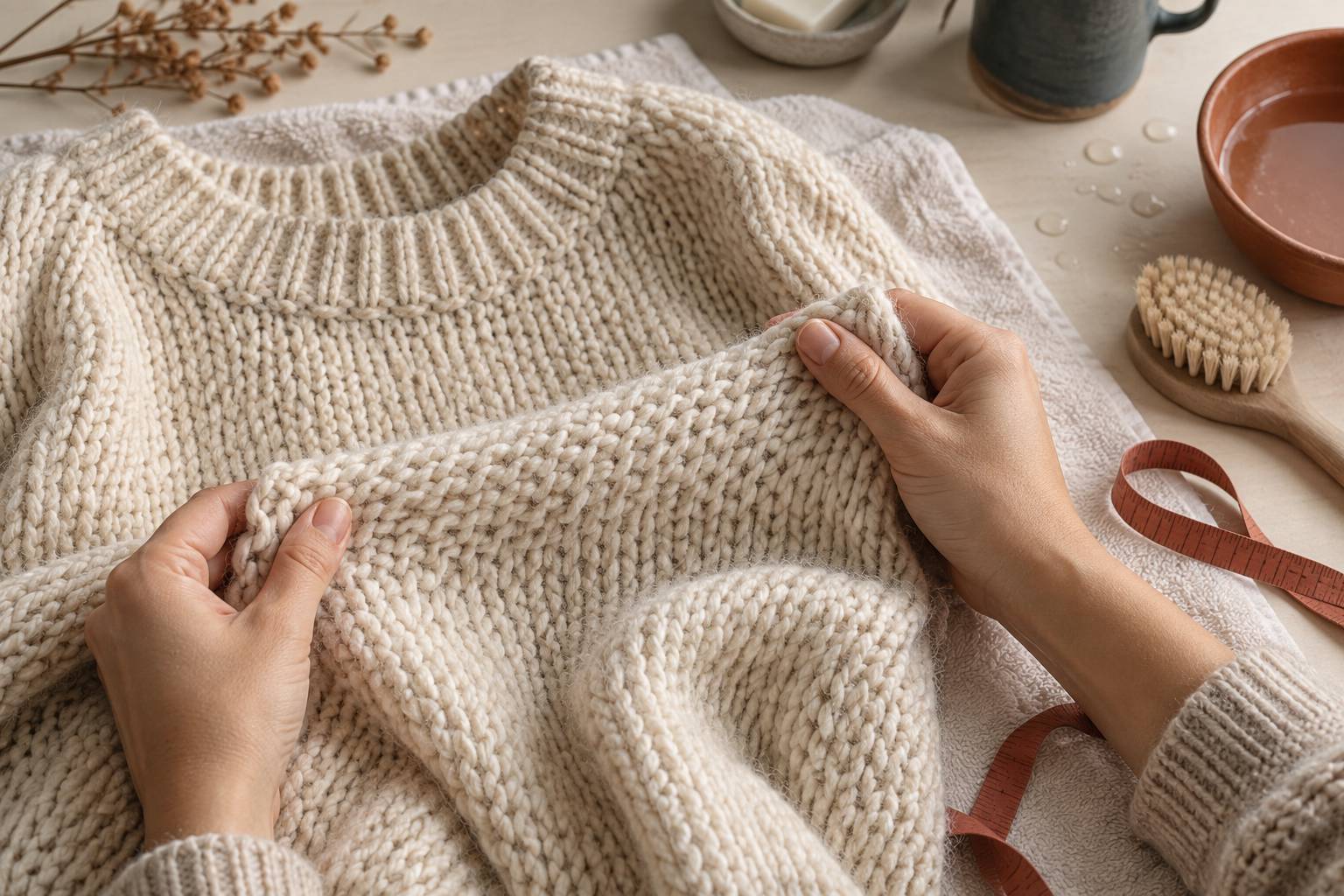 Détail des mailles d'un pull en laine écru avec mètre ruban souple