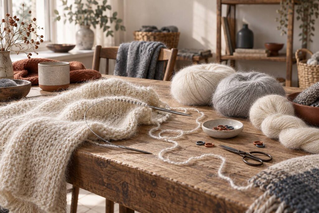 Pelotes de laine duveteuse et aiguilles circulaires sur une table en bois