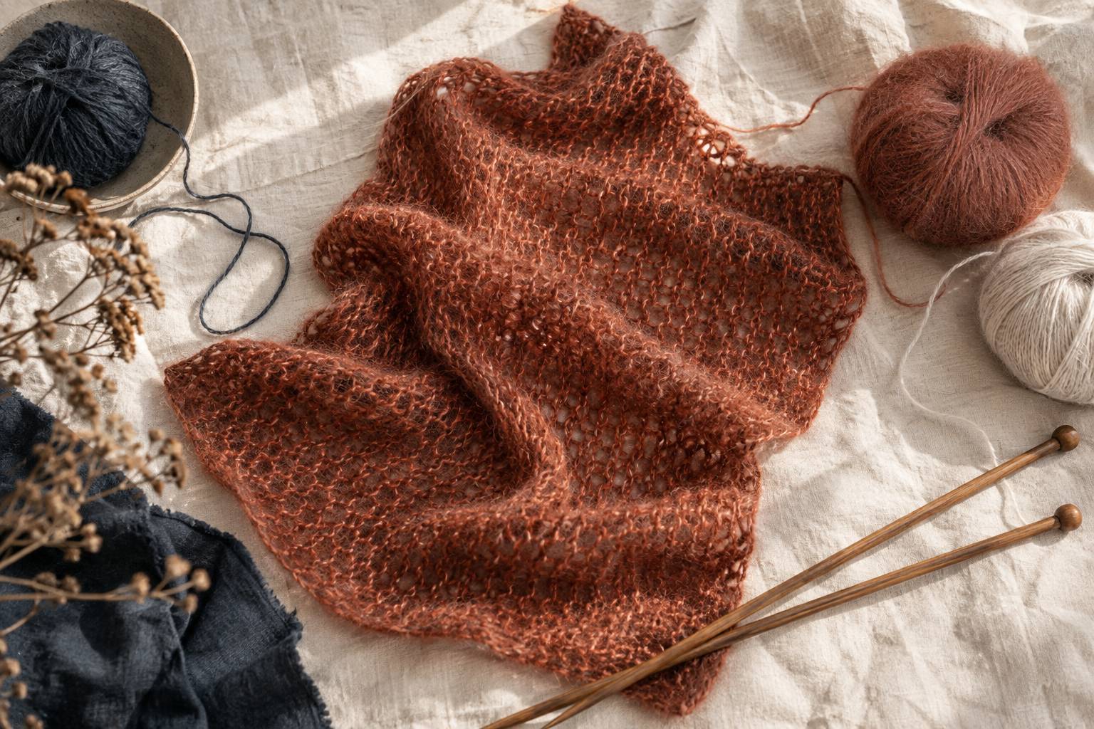 Echantillon de maille aeree et pelotes de mohair sur un lin clair