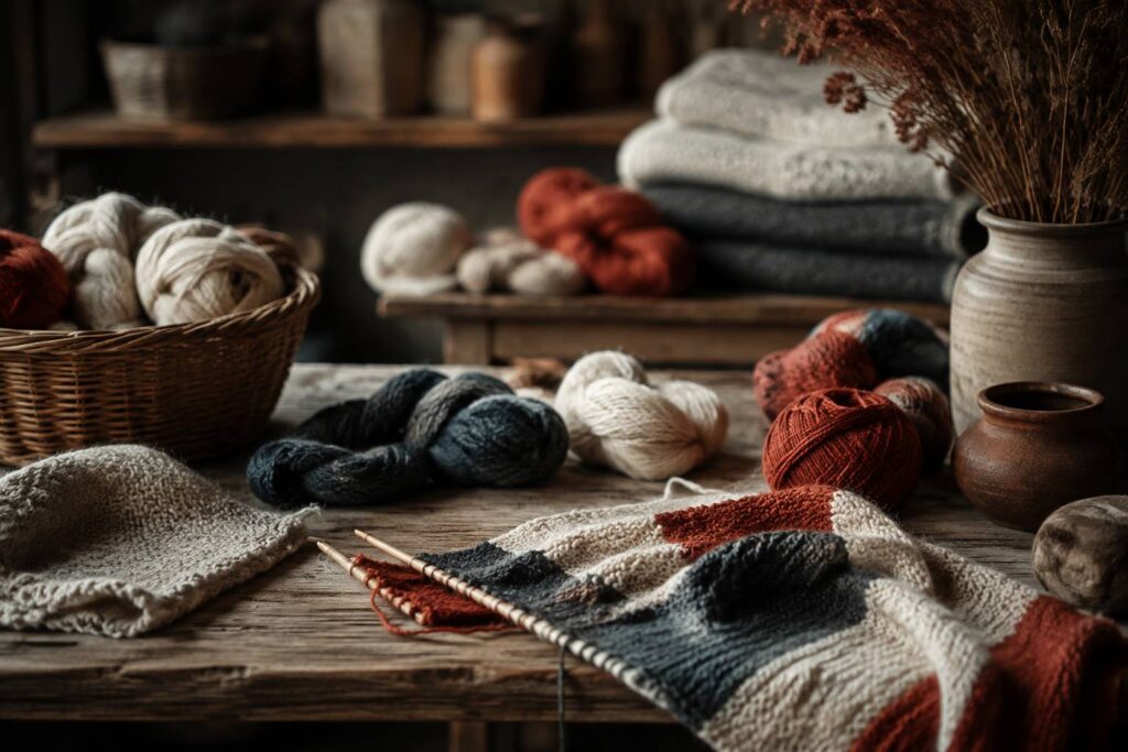 Pelotes de laine brute et tricot en cours dans un atelier baigné de lumière naturelle