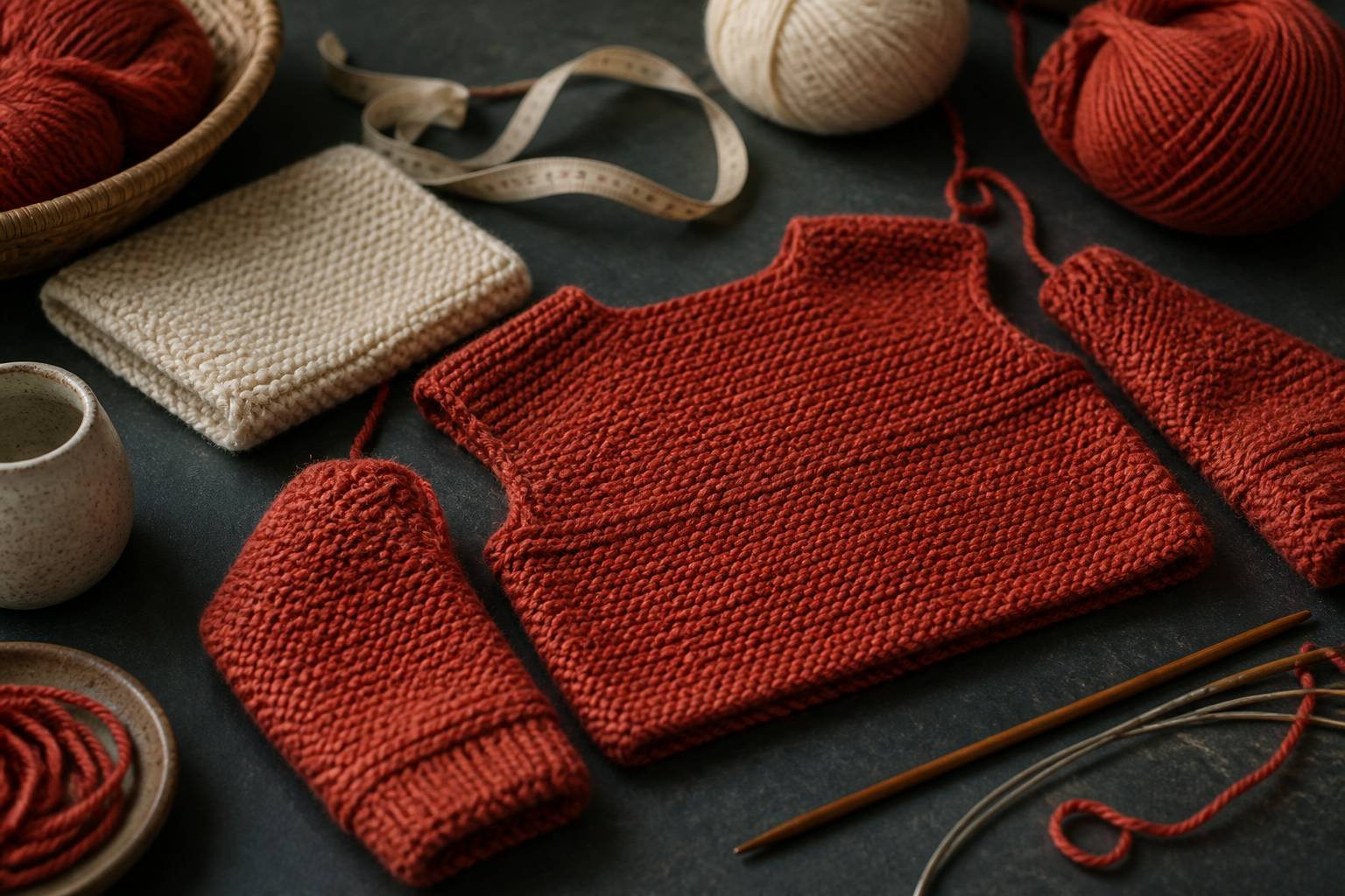 Pièces tricotées d'une brassière posées à plat avec mètre ruban