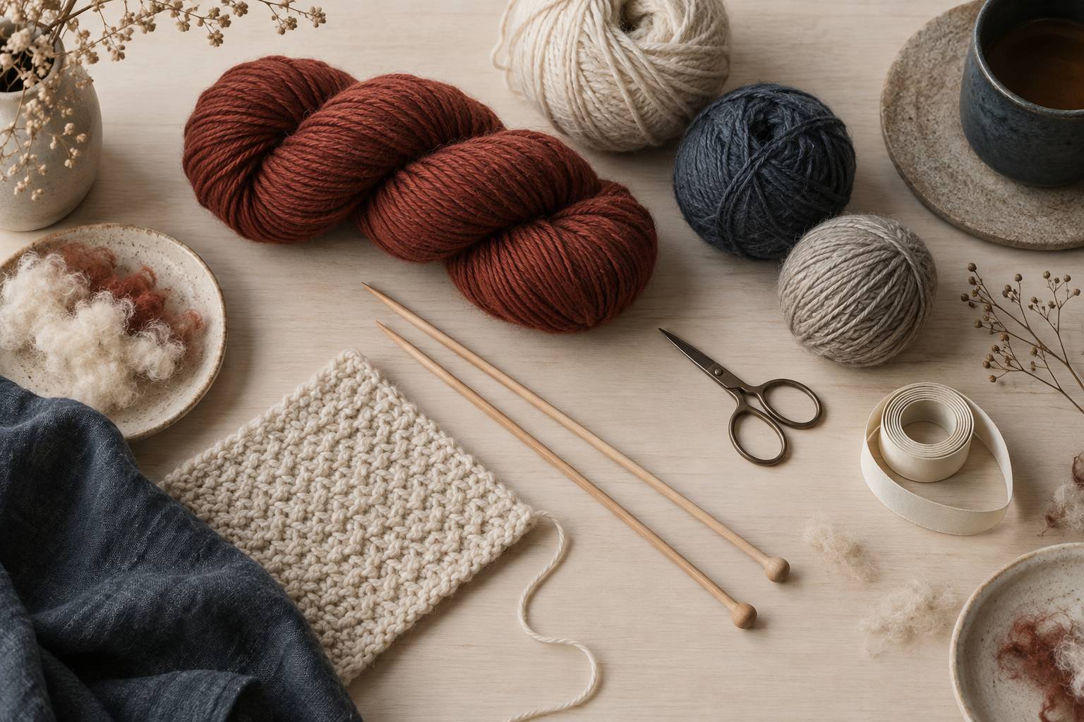 Echeveau de laine et aiguilles sur une table de tricot