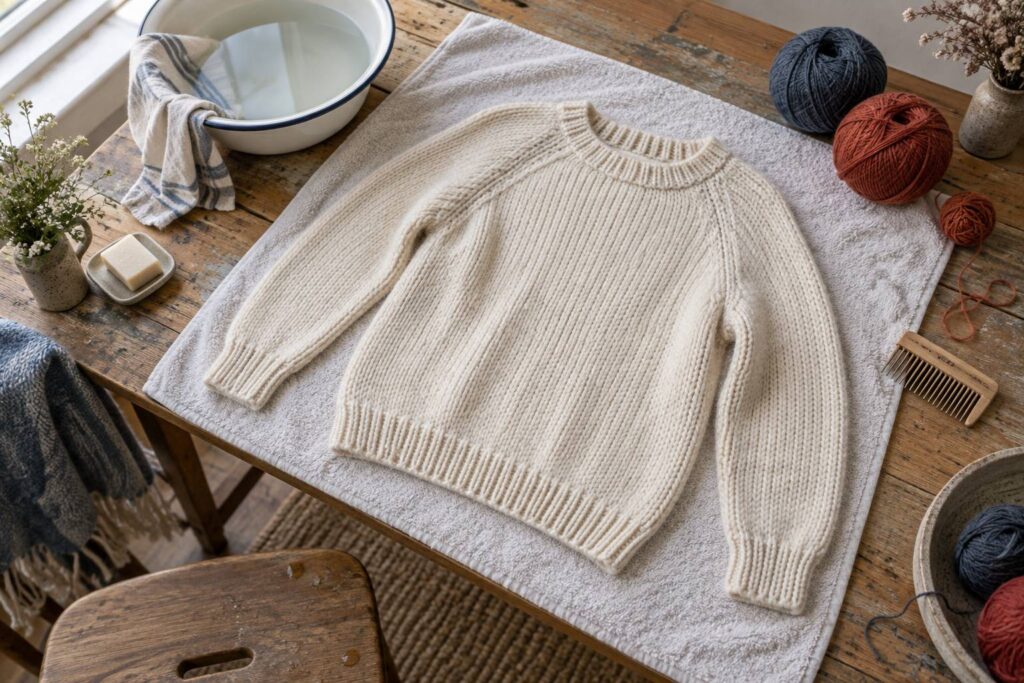 Pull en laine posé à plat sur une serviette pour sécher avec pelotes de laine