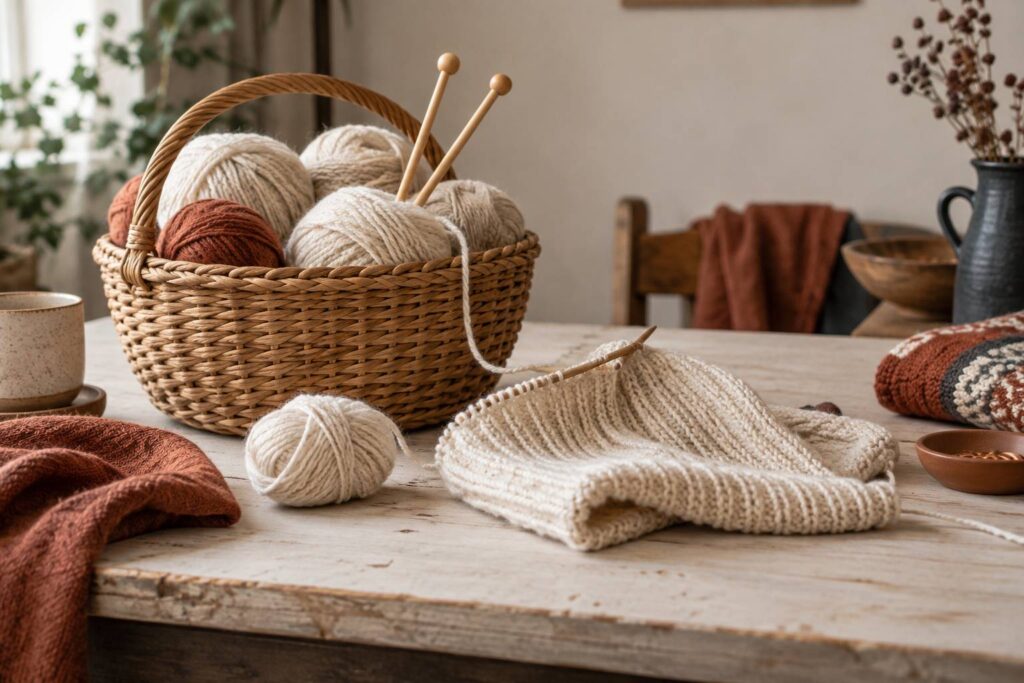 Pelotes de laine ecru et aiguilles en bois dans un atelier de tricot