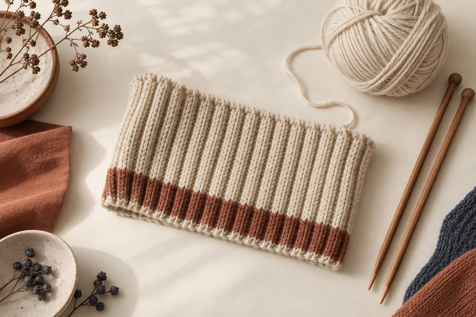 Bord cote en laine claire et aiguilles en bois sur une table