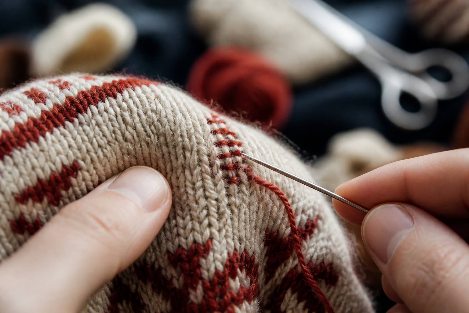 Reprise en cours dans une maille de pull en laine avec aiguille à repriser et fil assorti
