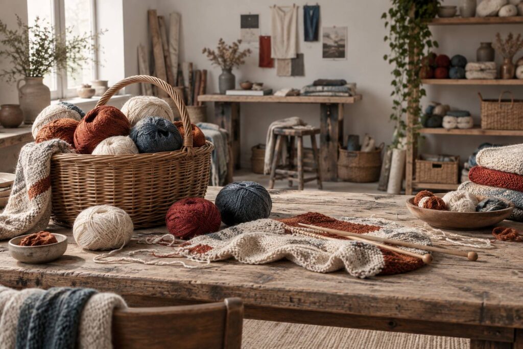 Panier en osier rempli de pelotes de laine de plusieurs teintes