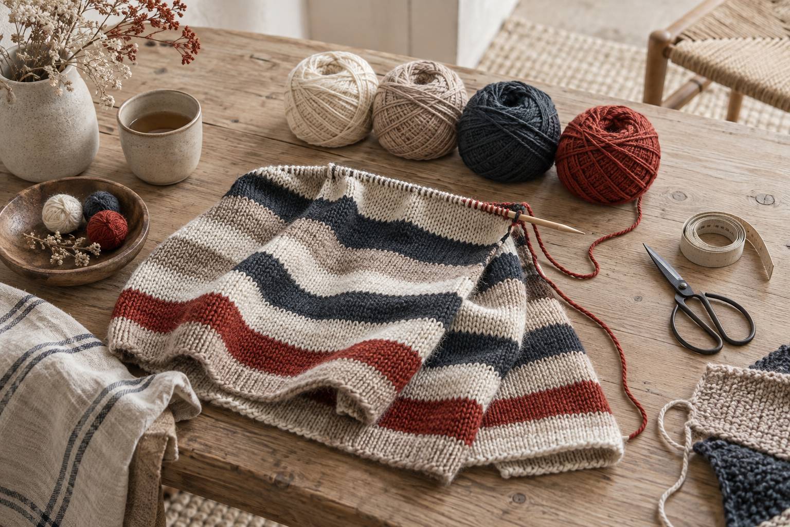 Ouvrage tricote a rayures et pelotes restantes sur une table d'atelier