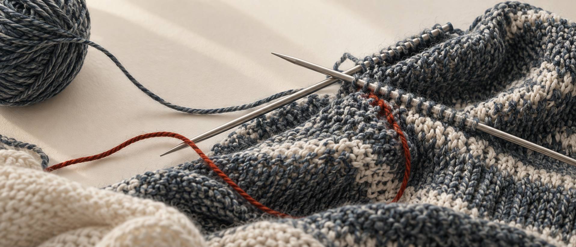 Ouvrage tricote pose a plat avec deux aiguilles croisees sur fond ecru