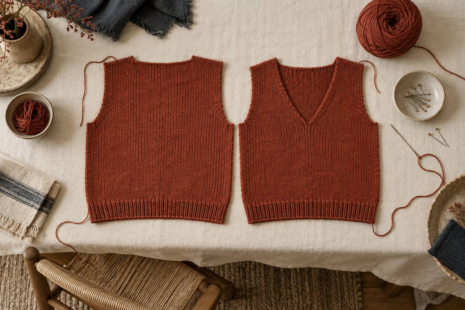 Pieces de tricot jersey bord a bord et epingles sur une nappe