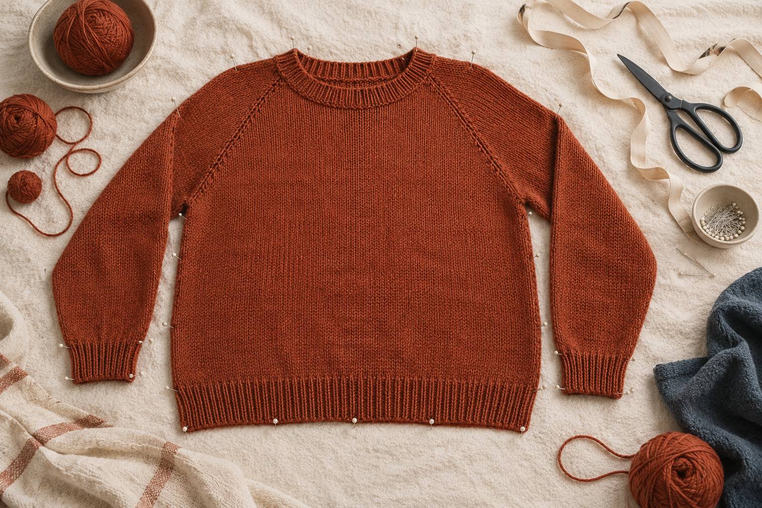 Pull en laine pose a plat avec epingles et metre de couture sur un drap clair