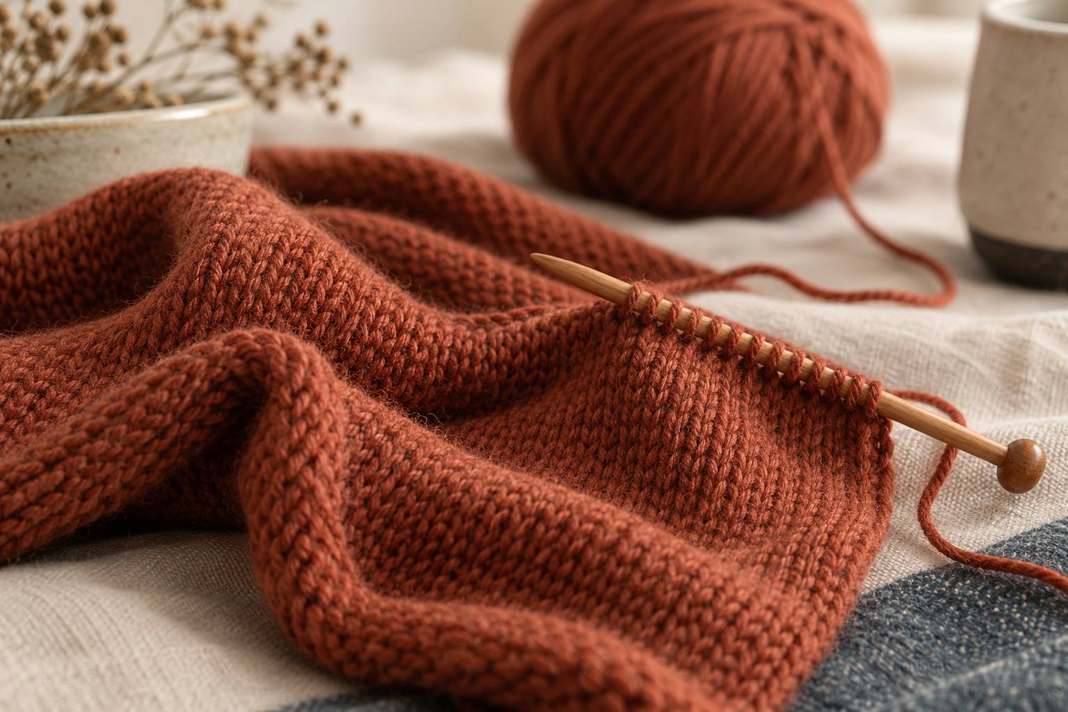 Bordure de tricot jersey enroulee avec aiguilles en bois