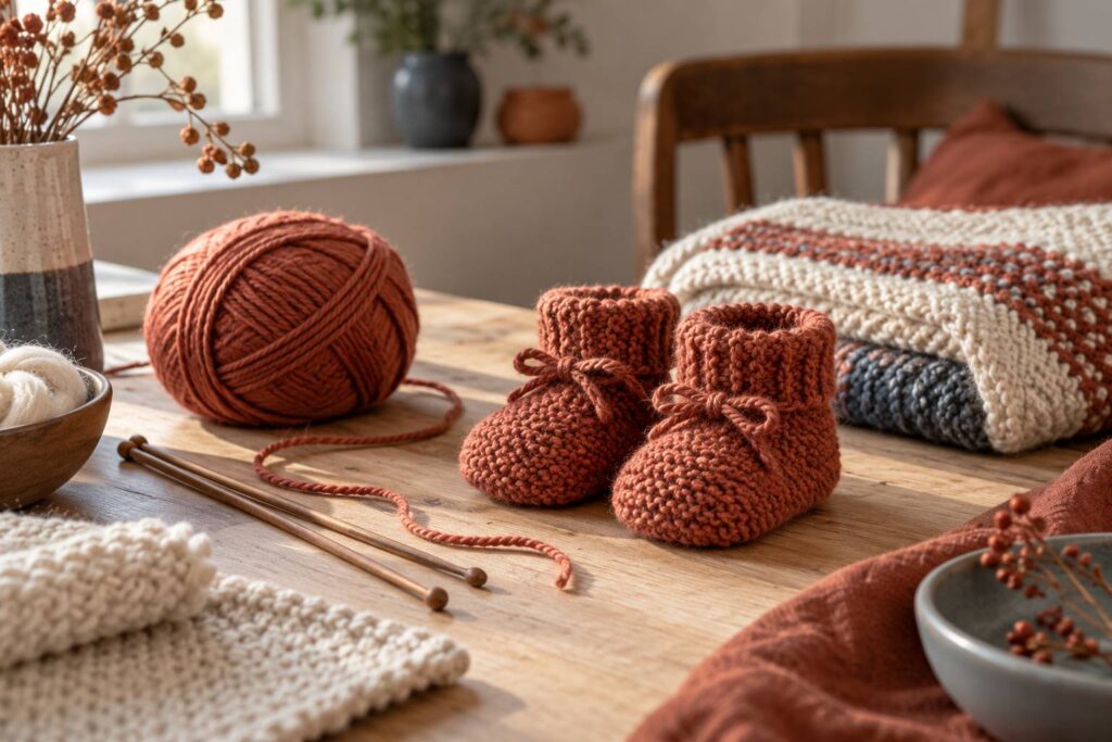 Chaussons de bebe en laine tricotes poses sur une table en bois avec pelote et aiguilles