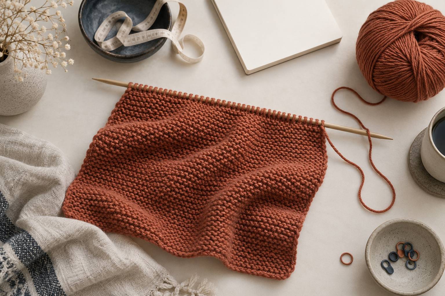 Ouvrage de tricot au point mousse sur aiguilles avec pelote de laine et metre ruban