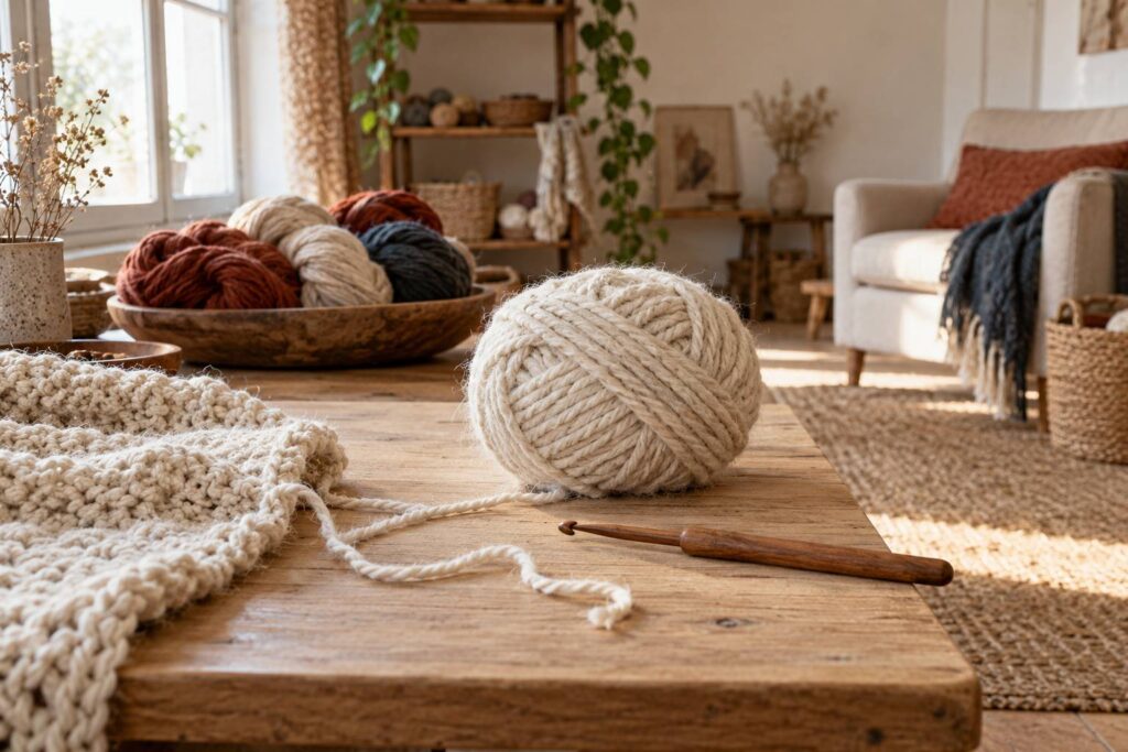 Pelote de laine écru et crochet sur une table d'atelier