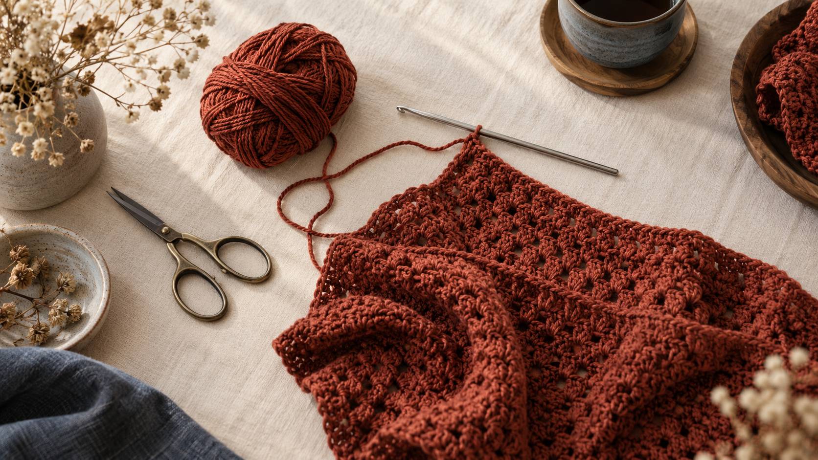 Ouvrage au crochet et pelote sur une table crème