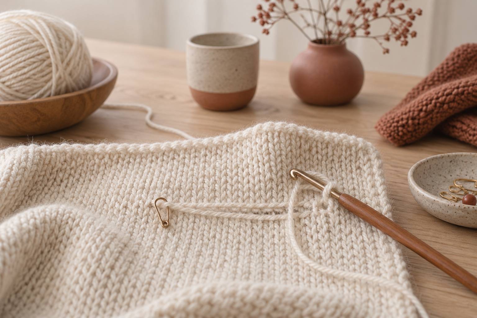 Gros plan sur une maille de tricot et un crochet sur la laine