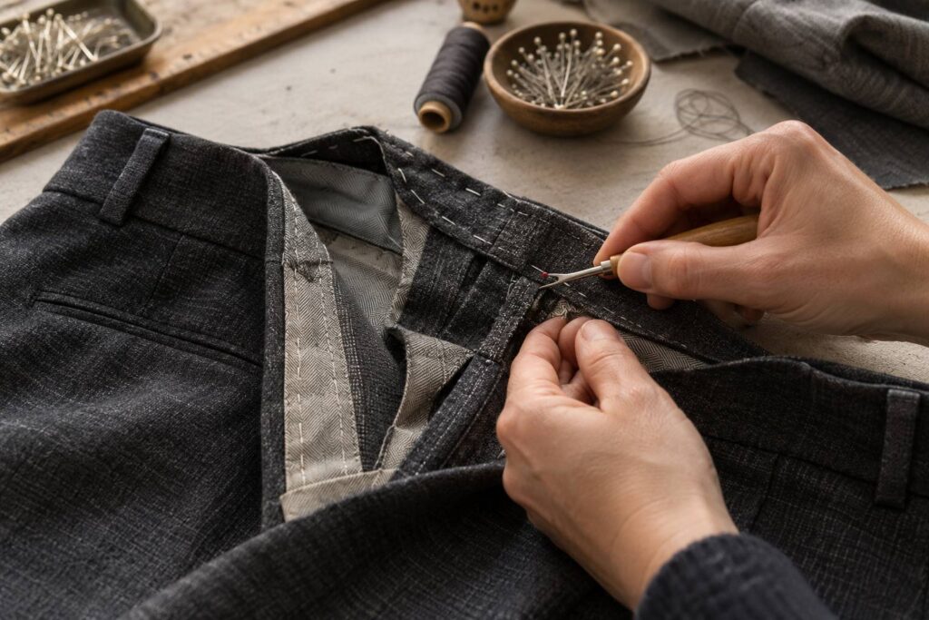 Plan de détail illustrant le sujet de l'article : Reprise de taille sur un pantalon : ce que les coutures permettent