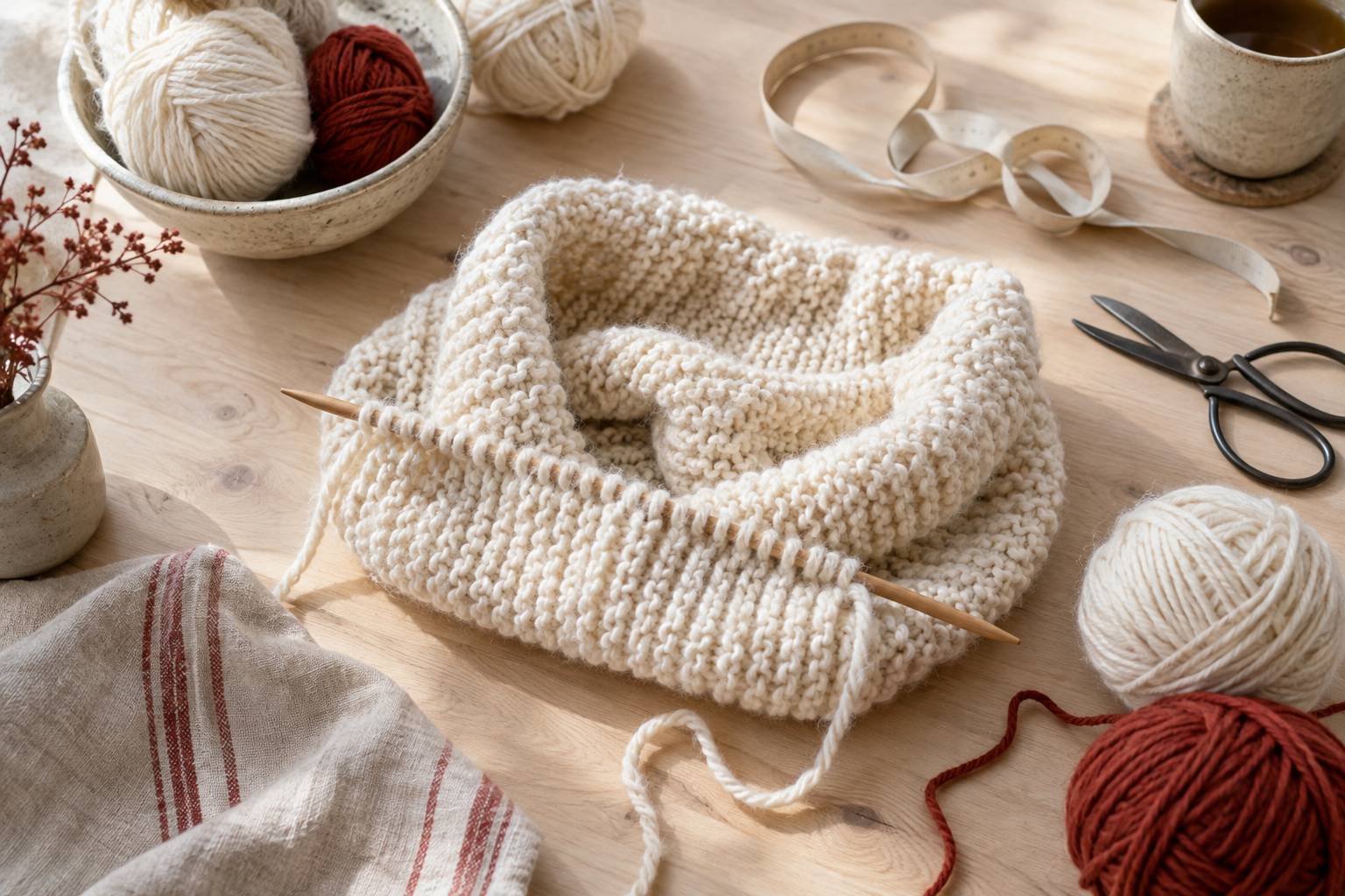 Ouvrage de tricot en cours avec mailles, aiguilles et pelotes de laine