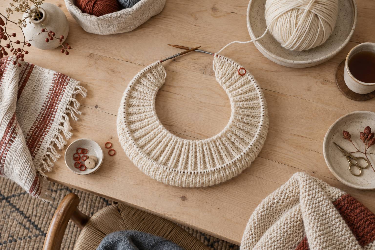Tricot en rond sur aiguilles circulaires avec mailles et marqueur